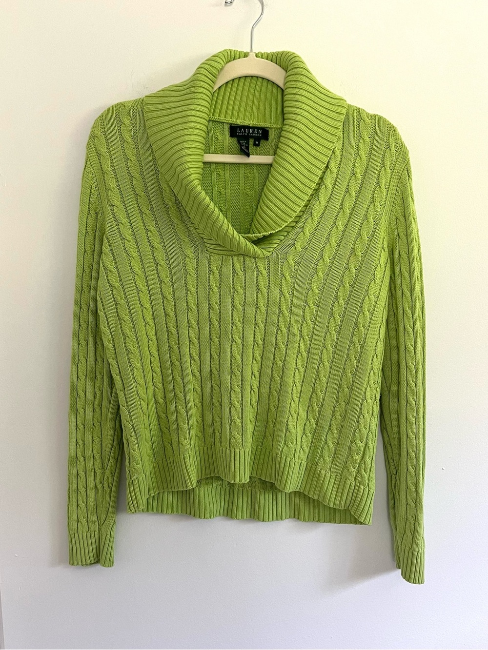 Vintage Ralph Lauren Lime Green Silk Cashmere Cable-Knit Cowl Neck Sweater M